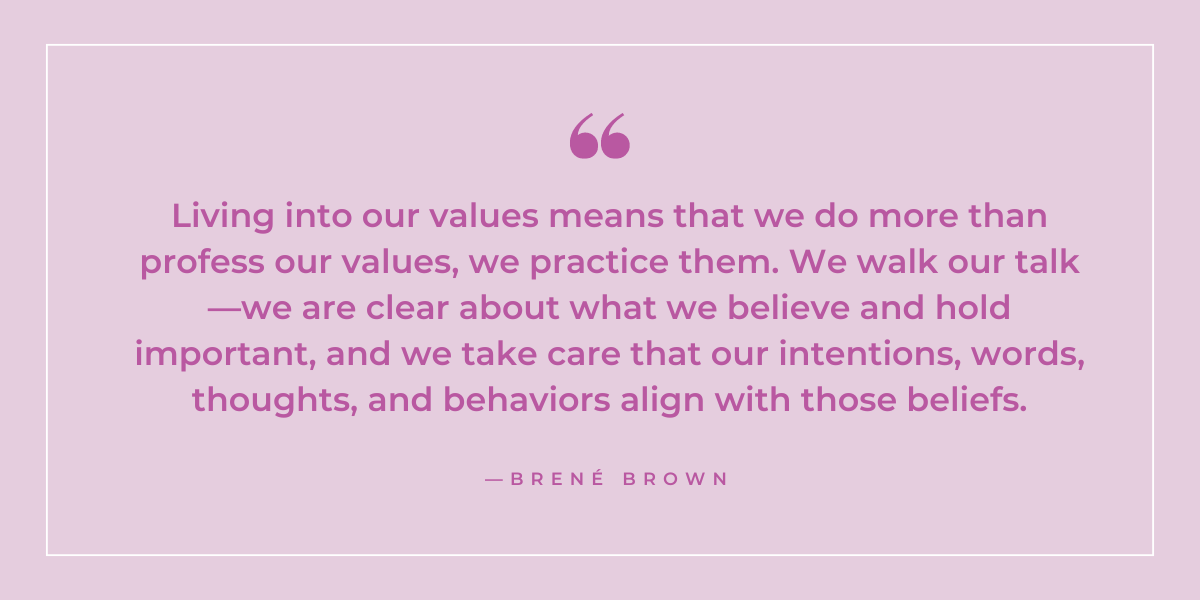 A graphic of a quote from Brené Brown that talks about living into our values.