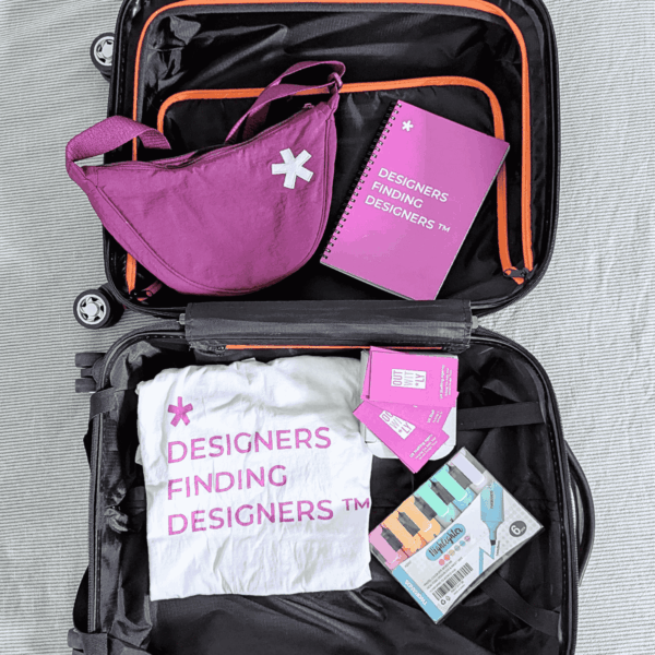 A suitcase of Outwitly swag packed for a trip to the Config 2025 conference hosted by Figma.