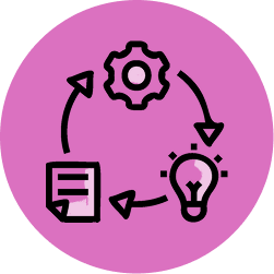 gear, lightbulb, and document connected by circular arrows, representing process, ideas, and workflow.