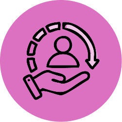 open hand holding a person silhouette with a refresh arrow circling around them, symbolizing care or support services.