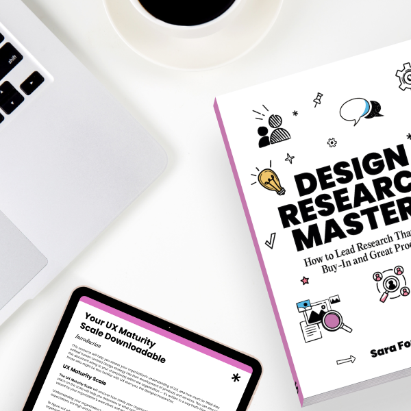 Design Research Mastery book cover with laptop, tablet showing the UX maturity guide, some of the many resources provided by Outwitly as a complement to their UX research team training.