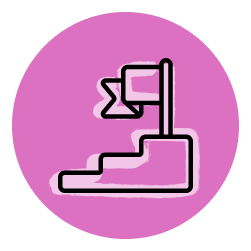 Goal achievement icon of steps with flag on top in pink circle, symbolizing progress, success, and milestones