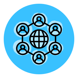 Global network icon with connected user avatars around a globe, symbolizing online community, collaboration and social media.