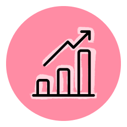 Upward bar chart icon on pink circle, indicating business growth, revenue increase, and marketing analytics.