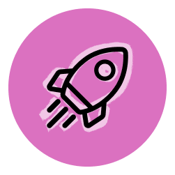 Rocket launch icon on pink circle background representing startup growth, fast performance, and innovation.